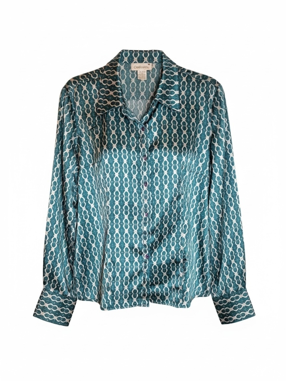 Chadwick's Teal & White Geometric Chain Print Satin Blouse Size 16 Button Down